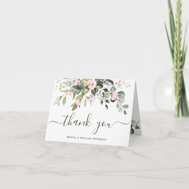 Simple Elegant Eucalyptus Blush Pink Roses  Thank You Card (Front)