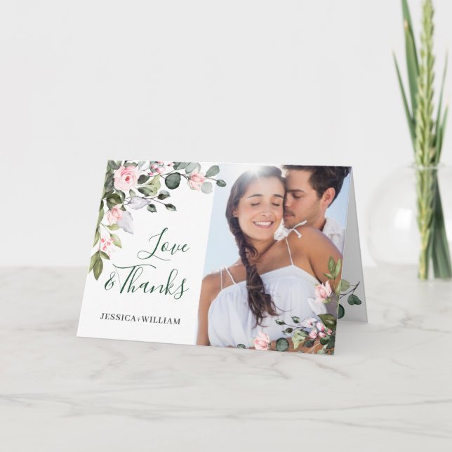 Simple Elegant Eucalyptus Blush Pink Roses Wedding Thank You Card (Front)