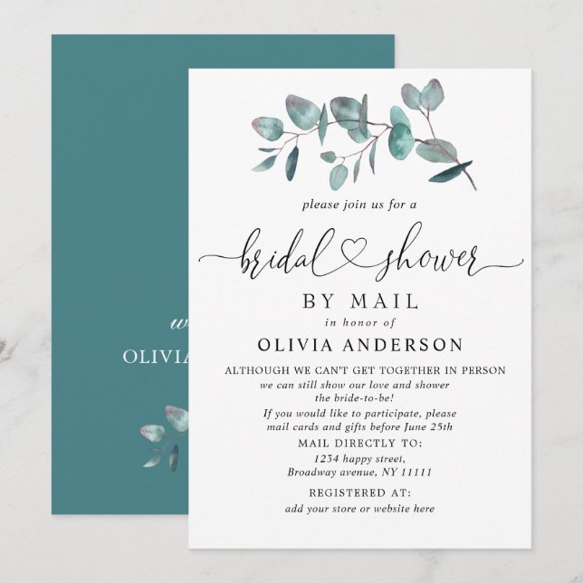 Simple Elegant Eucalyptus BRIDAL Shower By Mail Invitation (Front/Back)