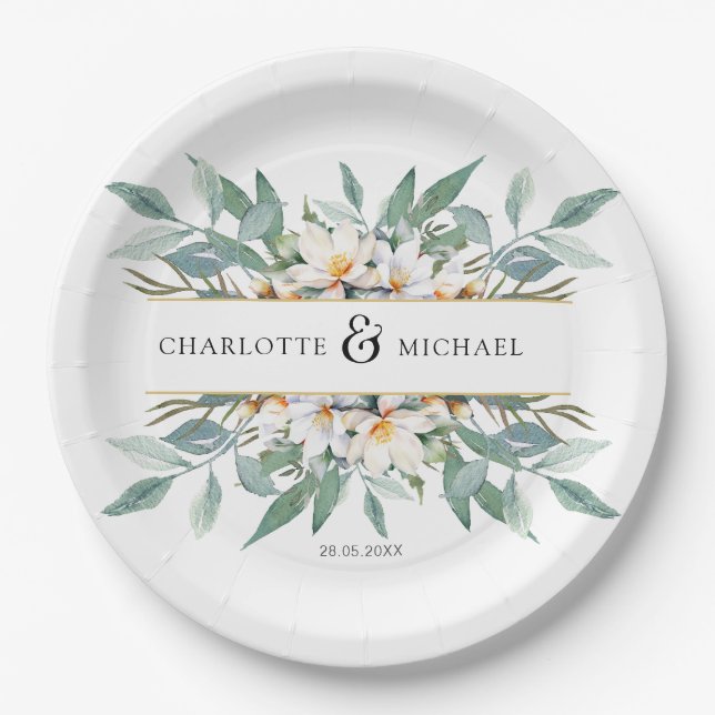 Simple, elegant eucalyptus floral napkins paper plate (Front)