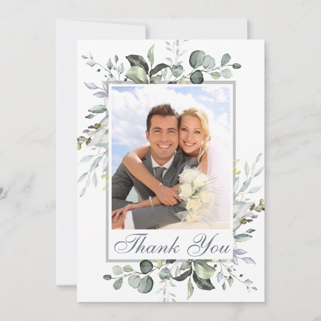 Simple Elegant Eucalyptus Greenery Wedding PHOTO Thank You Card (Front)