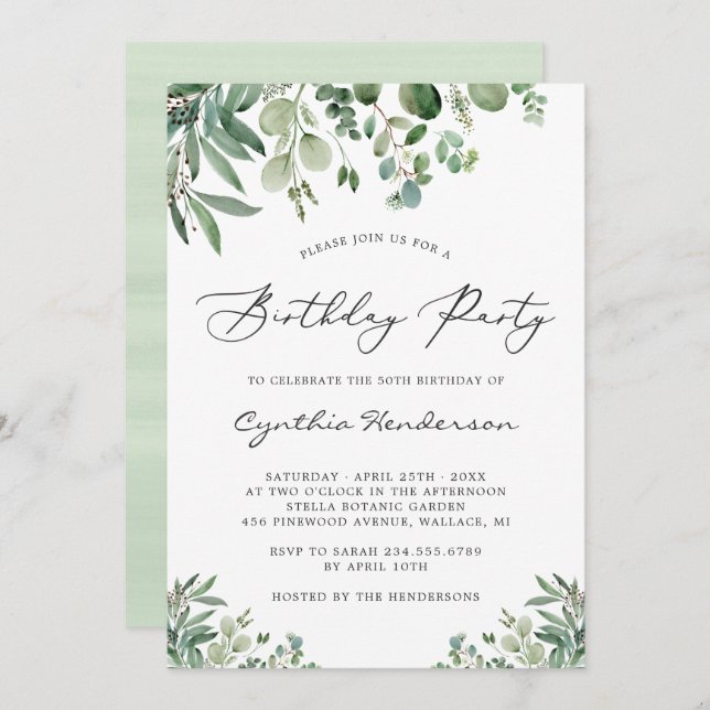 Simple Elegant Eucalyptus Leaves Birthday Party Invitation (Front/Back)
