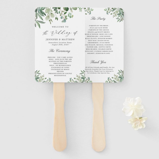 Simple Elegant Eucalyptus Leaves Wedding Program Hand Fan (Front and Back)
