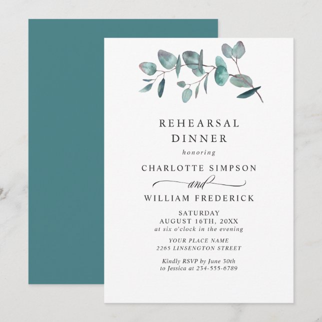 Simple Elegant Eucalyptus Rehearsal Dinner Invitation (Front/Back)
