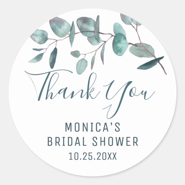 Simple Elegant Eucalyptus Thank You Bridal Shower Classic Round Sticker (Front)