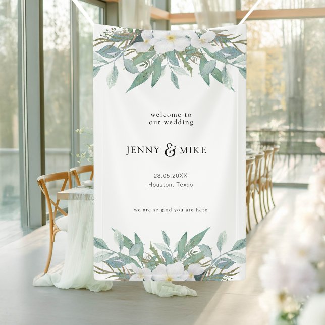 Simple, elegant, eucalyptus, wedding banner (Simple, elegant, eucalyptus, welcome wedding banner with your name and date.)