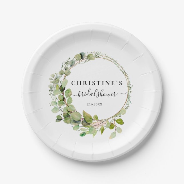 Simple, elegant eucalyptus wedding paper plate (Front)