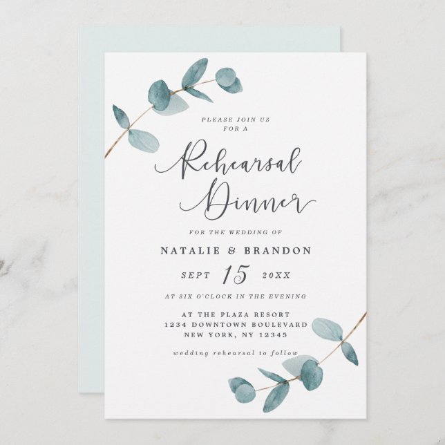 Simple Elegant Eucalyptus Wedding Rehearsal Dinner Invitation (Front/Back)