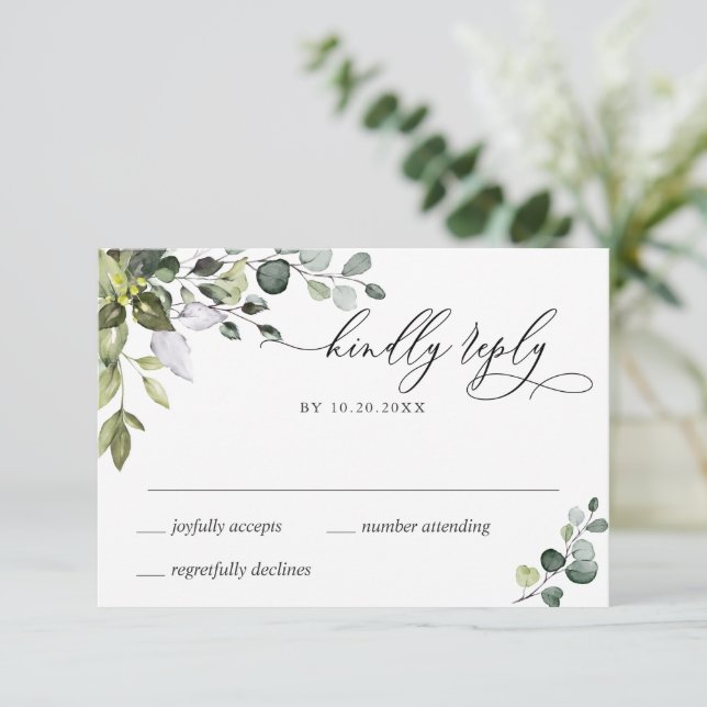 Simple Elegant Eucalyptus Wedding RSVP Card (Standing Front)