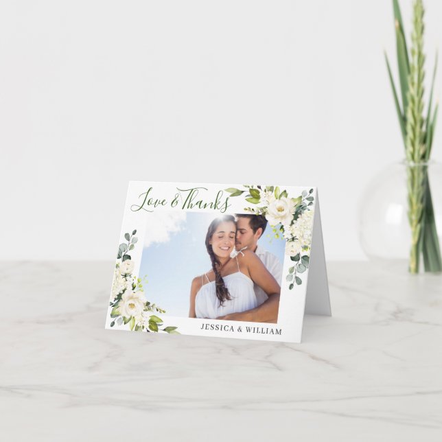 Simple Elegant Eucalyptus White Roses Floral PHOTO Thank You Card (Front)