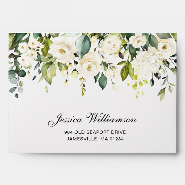 Simple Elegant Eucalyptus White Roses RSVP Envelope (Front)