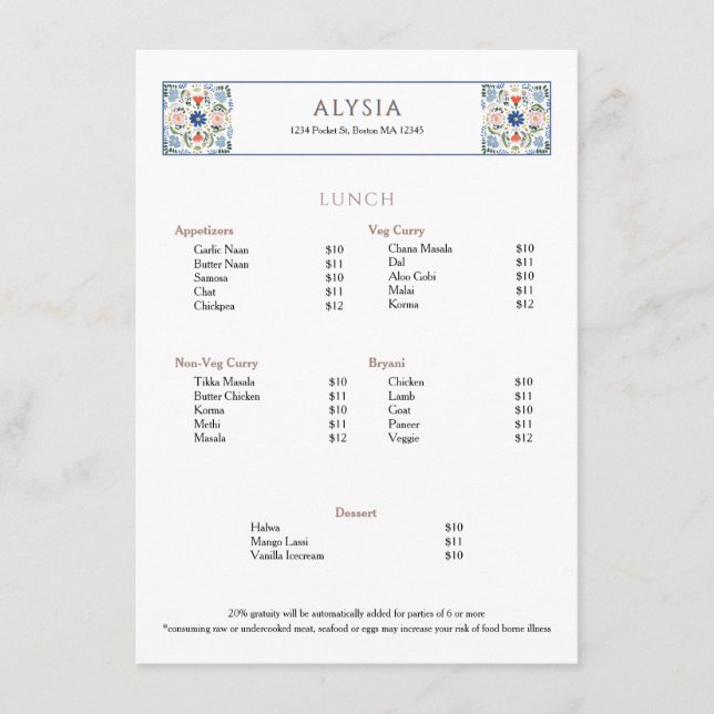 Simple Elegant European Tile Restaurant Lunch Menu (Front)