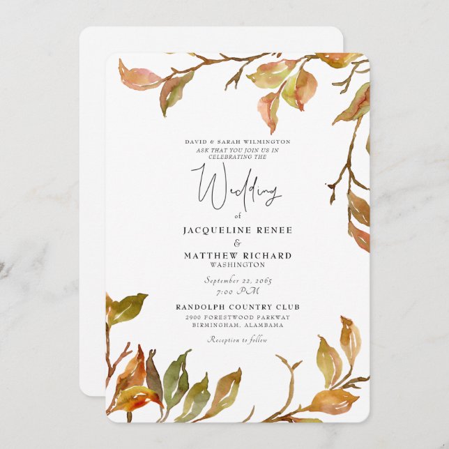 Simple & Elegant Fall Foliage Rounded Wedding Invitation (Front/Back)