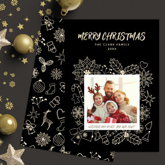 Simple Elegant Family 1 Photo Frame Black and Gold Holiday Card