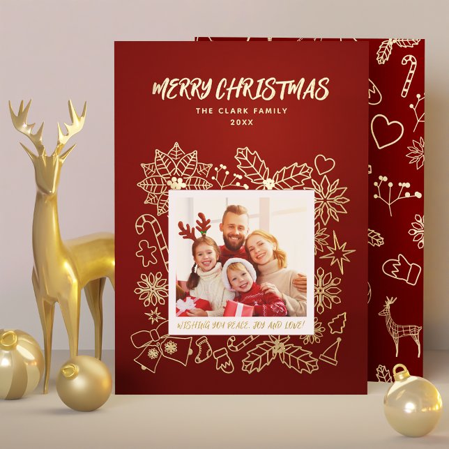 Simple Elegant Family 1 Photo Frame in Dark Red  Foil Holiday Card (Simple Elegant Family 1 Photo Frame in Dark Red Foil Holiday Card)