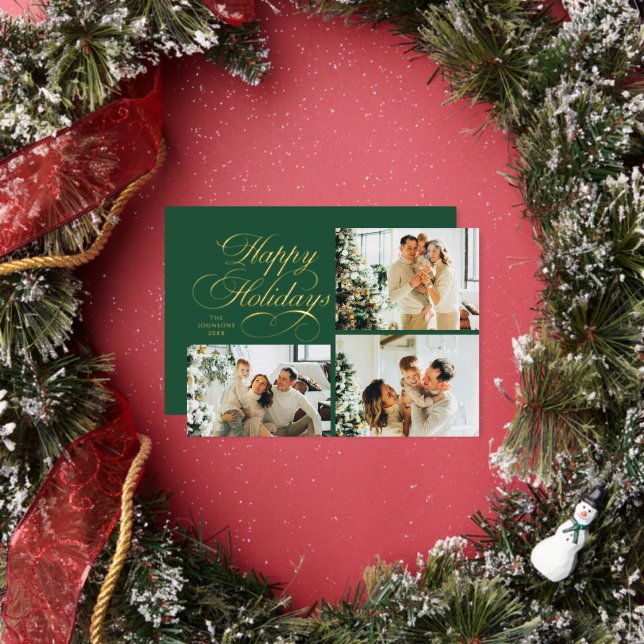Simple Elegant Family 3 Photo Collage Christmas Foil Holiday Card (Insitu)