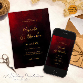 Simple Elegant Faux Gold Script Red Black Wedding Invitation