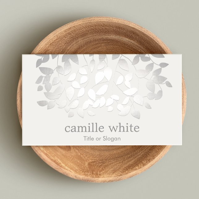 Simple Elegant Faux Silver Leaves Spa Business Card (Creator Uploaded)