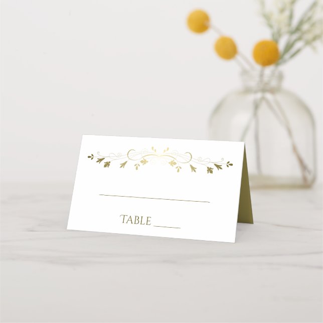 Simple Elegant Filigree Gold & White Wedding Place Card (Front)