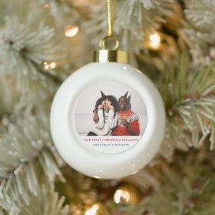 Simple Elegant First Christmas Engaged photo Ceramic Ball Christmas Ornament