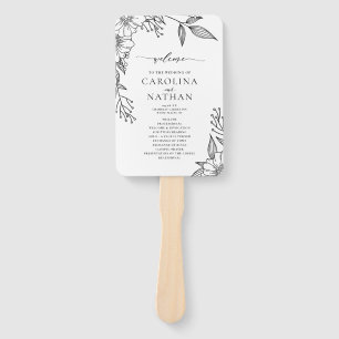 Simple Elegant Floral Black White Wedding Program Hand Fan