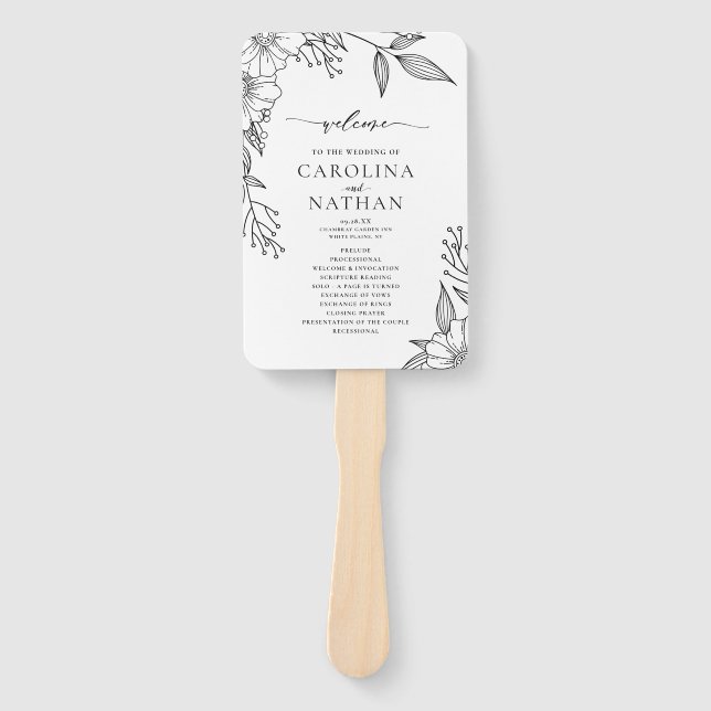 Simple Elegant Floral Black White Wedding Program  Hand Fan (Front)