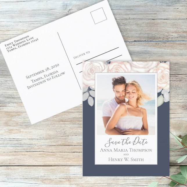 Simple Elegant Floral Blush Dark Blue Rose Bouquet Postcard (Creator Uploaded)