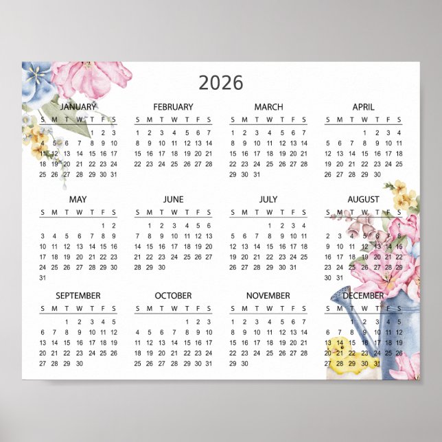 Simple Elegant Floral Botanical 2026 Calendar |  Poster (Front)