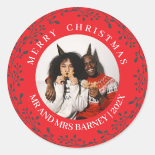 Simple Elegant Floral Christmas Family 1 Photo Classic Round Sticker