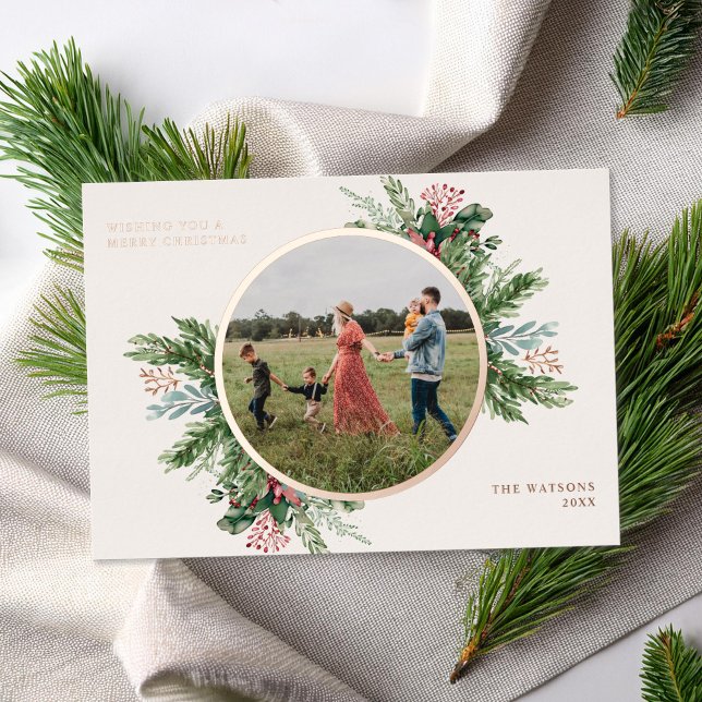 Simple Elegant Floral Christmas Photo Foil Holiday Card (Creator Uploaded)