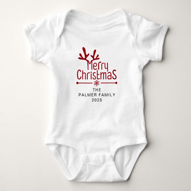 Simple Elegant Floral Christmas Wreath Family Name Baby Bodysuit (Front)