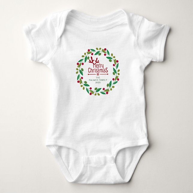 Simple Elegant Floral Christmas Wreath Family Name Baby Bodysuit (Front)