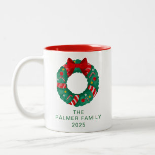 Simple Elegant Floral Christmas Wreath Family Name Two-Tone Coffee Mug