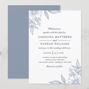 Simple Elegant Floral Corners Wedding Blue Invitation