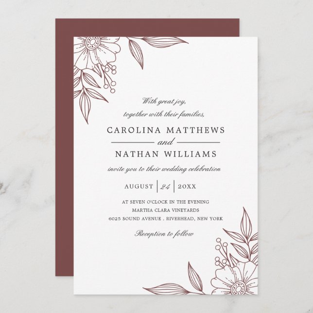 Simple Elegant Floral Corners Wedding Red Invitation (Front/Back)
