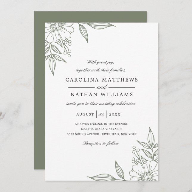 Simple Elegant Floral Corners Wedding Sage Invitation (Front/Back)