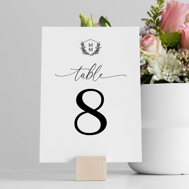 Simple Elegant Floral Crest Monogram Wedding Table Number (Creator Uploaded)