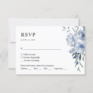 Simple Elegant Floral Dusty Blue QR Code Wedding RSVP Card