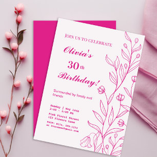 Simple Elegant Floral Hot Pink Birthday  Invitation