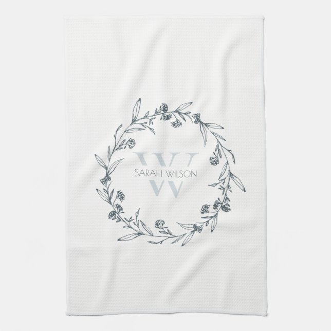 Simple Elegant Floral Laurel Wreath Monogram Tea Towel (Vertical)