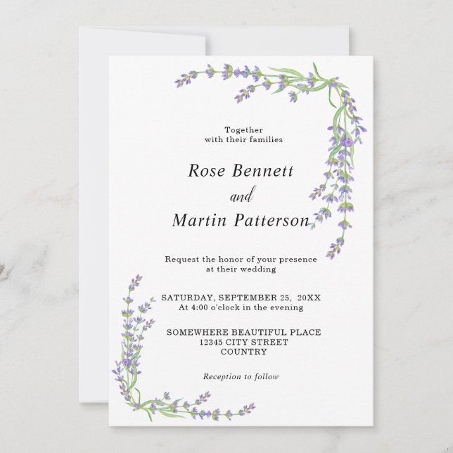 Simple elegant floral minimalist lavender wedding invitation (Front)