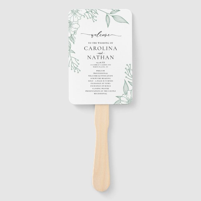 Simple Elegant Floral Mint Green Wedding Program  Hand Fan (Front)