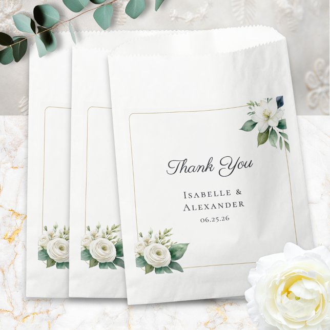 Simple Elegant Floral Personalized Wedding Favour Bag (Elegant wedding favor bags with classic white flowers, personalized with names and wedding date)