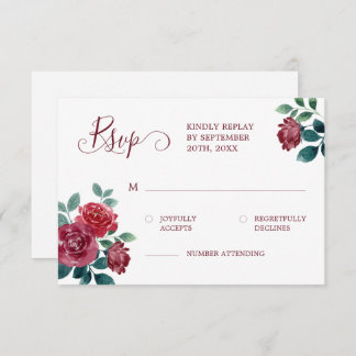 Simple Elegant Floral Watercolor Burgundy Wedding RSVP Card