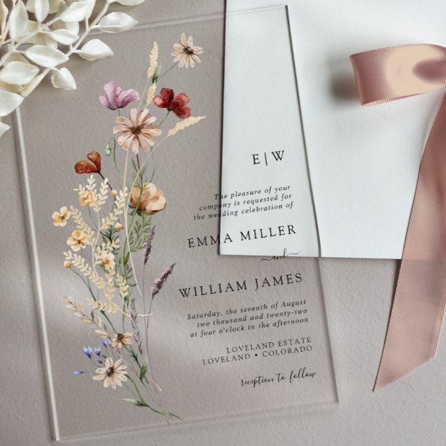 Simple Elegant Floral Wedding Acrylic Invitations (Boho Wildflowers Wedding Acrylic Invitations by Painted Paperie
)