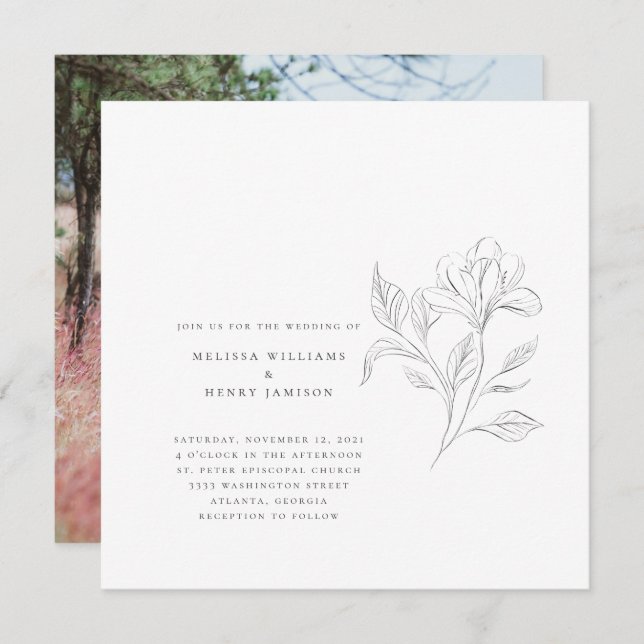 Simple Elegant Floral White Wedding Photo Invitation (Front/Back)