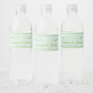 Simple Elegant Flourish Mint Green & Gold Wedding Water Bottle Label