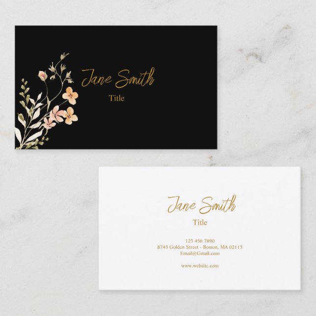 Simple Elegant Flower | Black Business Card (Front/Back)