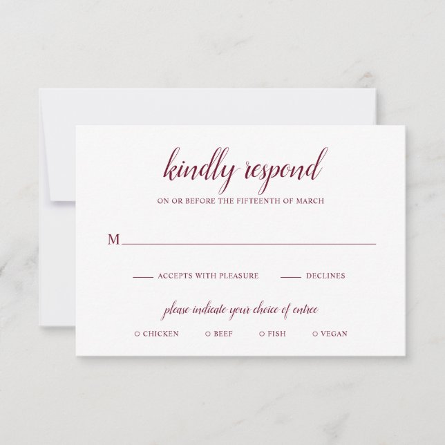 Simple Elegant Formal Meal Burgundy Wedding RSVP Card (Front)