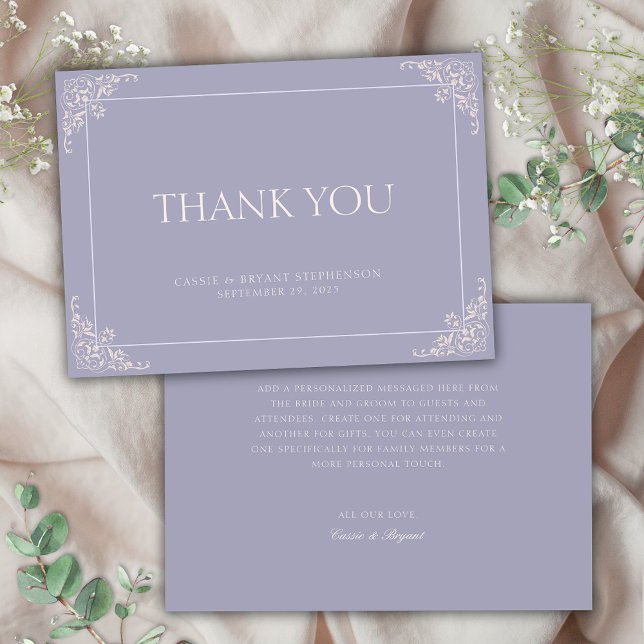 Simple Elegant French Lilac Regency Era Wedding Thank You Card (simple purple and blush pink french lilac colors wedding event thank you cards with message no photo)